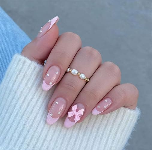 24Pcs Pink French Tip Press on Nails Almond Fake Nails with Bow Pearl Design Cute French False Nails Glossy Full Cover Artificial Acrylic Stick on Nails for Women Manicure Nail Decoration 24Pcs thumbnail 2