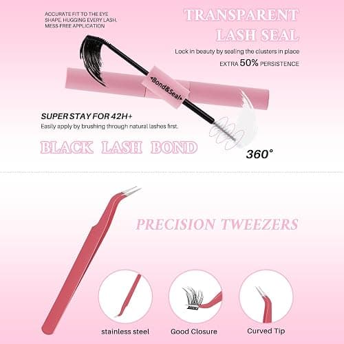 RITALASH Lash Extension Kit DIY Lash Clusters Kit Cluster Lashes Mixed Tray Eyelash Extension Kit Soft Thin Band Individual Lashes with Lash Bond and Seal,Lash Tweezers,Mascara Brush(RX Kit,9-16mm) thumbnail 4