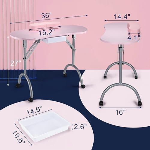 Joligrace Professional Foldable & Portable Manicure Table Nail Technician Desk Workstation 4 Lockable Wheels with Drawer Client Wrist Pad Free Carrying Bag Travel Nail Tech Spa Beauty Table Pink thumbnail 3