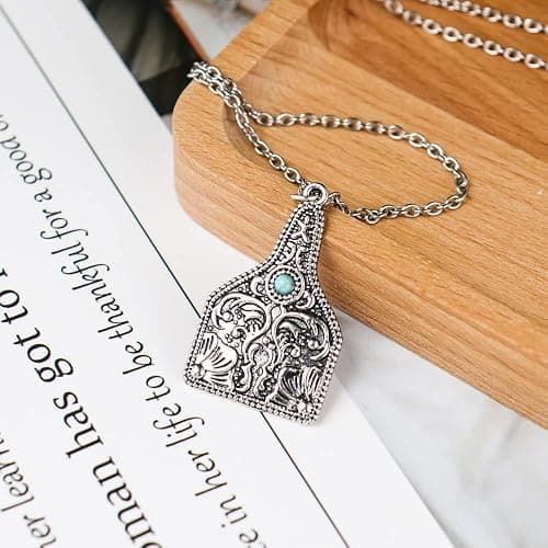Natural Turquoise Necklace Boho Western Necklaces Jewelry for Women Men Bull Head Cow Tag Horseshoe Necklace Hippie Accessories Cross Ligtning Bolt Bar Pendant Necklace 90S Cowgirl Jewelry 4 Pieces thumbnail 2