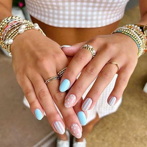 Foccna Press on Nails Polka Dots Short, Blue Fake Nails Acrylic False Nails,Artificial Nails for Girls 24pcs - Image 1