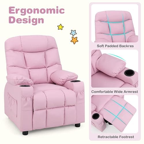 Costzon Kids Recliner Chair with Cup Holder, Adjustable Lounge Chair w/Footrest & Side Pockets for Children Boys Girls Room, Ergonomic Toddler Furniture Sofa, Kids Recliner (Pink) - Pink - 26” x 28” x 34” (L x W x H) thumbnail 6