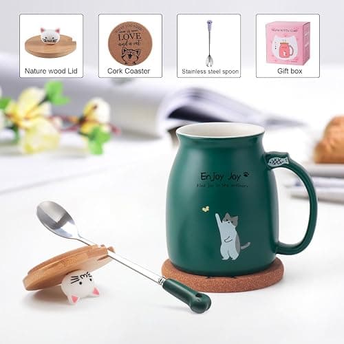 Feify Cute Cat Cup Ceramic Coffee Mug with Kawaii Cat Wooden Lid, Lovely Stainless Steel Spoon, Anime Kitty Thicken Wooden Coaster, Christmas Birthday Cute Thing Japanese Mug 16oz (Green) thumbnail 3