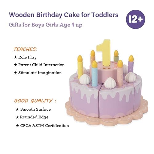 WoodenEdu Pretend Play Food for Toddlers 2-5,Wooden Birthday Fake Cake with Candles and Numbers,Tea Party Learning Kitchen Gift Toys for Boys Girls (Cream Cake) thumbnail 3