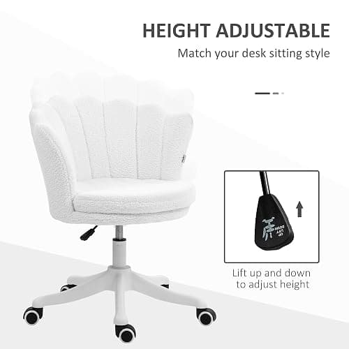 HOMCOM Mid Back Berber Fleece Office Chair, Adjustable Height Study Chair, Vanity Chair with Swivel Wheels for Living Room, Study, White thumbnail 4