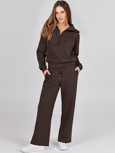 ANRABESS Women 2 Piece Outfits 2025 Fall Fashion Airport Wide Leg Pants Lounge Set Leisure Travel Vacation Clothes Sweatsuits thumbnail 2