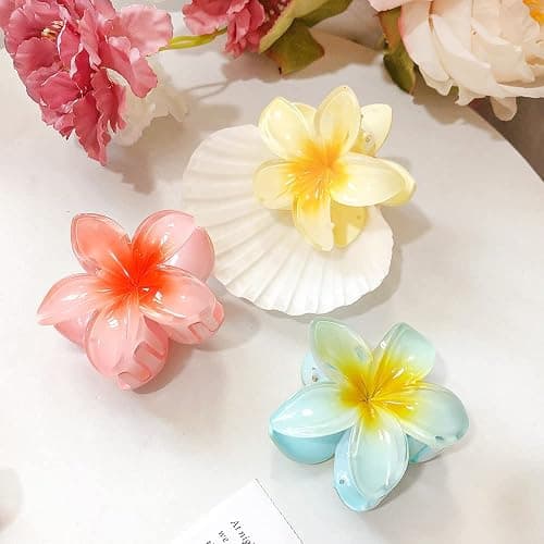 YIHECWY4 Pieces Plumeria Flower Hair Claw Clips Acrylic Hair Jaw Clips Hawaiian Hair Claw Clips for Medium Thick Hair Women and Girls Hawaii Hair Accessorie(4 colors) thumbnail 4