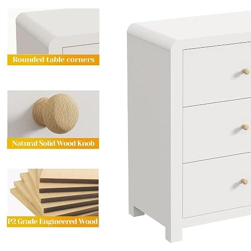 RoyalCraft 3 Drawer Dresser, Modern Chest of Drawers with Rounded Table Corners, Wooden Closet Dresser Nightstand Side Table with Ample Storage Space for Bedroom, Living Room, Entryway, White - White thumbnail 7