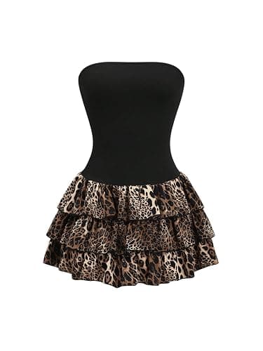 GORGLITTER Women's Leopard Tiered Ruffle Tube Dresses Strapless A Line Flared Mini Bandeau Dress - Image 1