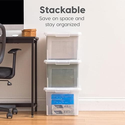 IRIS USA File Box, Plastic File Organizer with Lids for Letter/Legal File, Portable Document Box For Moving, Storage Bin with Durable and Secure Lid, Stackable Nestable BPA-Free, Clear 35 Qt. 4 Pack thumbnail 6