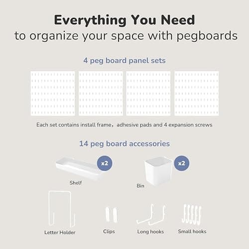Keepo Pegboard Combination Kit, Pegboards and Accessories Modular Hanging for Wall Organizer, Crafts Organization, Ornaments Display, Nursery Storage, Peg Board (White, 22″×22″) thumbnail 3