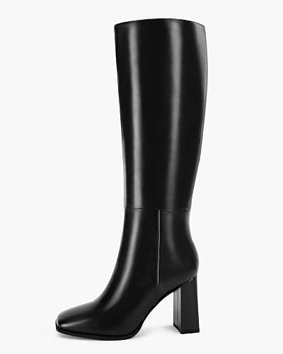 Coutgo Womens Wide Calf Knee High Boots Chunky High Heel Square Toe Fashion Leather Shoes with Side Zipper thumbnail 5