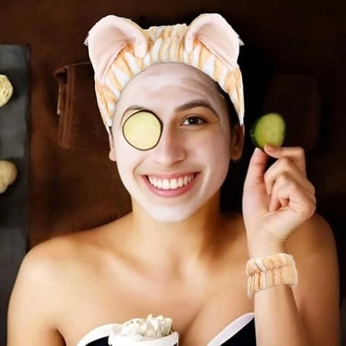 Cute Spa Headband and Wristband Set for Women Kawaii Cat Ear Yellow Makeup Headband for Washing Face (3PCS, Yellow) thumbnail 4