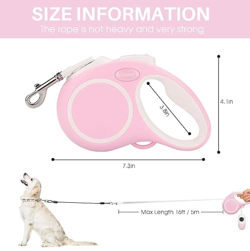 WRSOMIT Upgraded 16 Ft Retractable Dog Leash with Chew Proof Cable - Pink | Heavy Duty Dog Leash with Poop Bag Dispenser for Small Medium Large Dogs up to 120lbs, 360° No Tangle, One-Handed Brake thumbnail 5