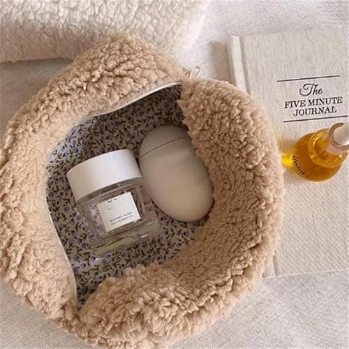 Cosmetic Bags for Women, Fleece Makeup bag Large Aesthetic Travel Toiletry bag Zipper Cosmetic Pouch for Purse Cute Floral Canvas Makeup Organizer Storage Bag Girls Case Bags (Soft Apricot) thumbnail 2
