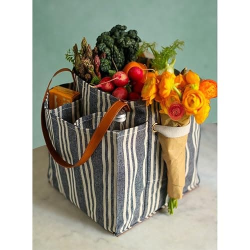 CapaBunga Farmer's Market Tote - 7 Pocket Large Utility Tote with Handles - Heavy Duty Canvas Utility Bag with Vegan Leather Base - Reusable Patterned Grocery Bag thumbnail 3