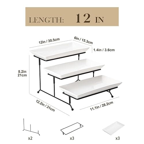 MALACASA 3 Tier Serving Trays for Party, Porcelain Serving Platters and Trays, 12 Inch Tiered Tray Stand, Fruit Tray, Trays for Serving Food, White Dessert Stand with Collapsible Sturdier Metal Rack thumbnail 3