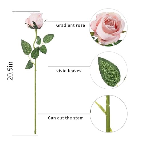 Flojery 10pcs Artificial Rose Flowers Long Stem Fake Silk Roses for DIY Wedding Bouquet Table Centerpiece Home Decor (Light Pink) - Light Pink thumbnail 3