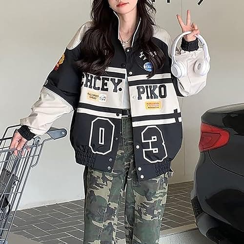 POHADON Varsity Jacket For Women Patchwork Long Sleeve Racing Bomber Letterman Jackets Color Block Y2k Vintage Streetwear - Small - Black thumbnail 7