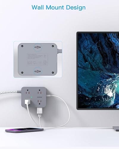 Power Strip with USB C Ports(2 USB C), HANYCONY 8 Outlets Surge Protector with 5 Ft Extension Cord, Flat Plug Wall Mount, Desk Charging Station for Home Office, ETL Listed Gray thumbnail 6