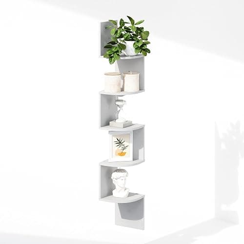 Furinno Rossi 5-Tier Floating Corner Shelf for Wall, Corner Zigzag Shelf Wall Mounted, Radial Wall Mount Shelves, for Home Office, Living Room, Bedroom, Bathroom, White thumbnail 3