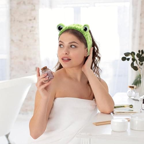Soft Spa Headband and Wristbands for Face Washing, Cute Frog Makeup Headbands Elastic Skincare Hair Band Shower Head Wraps Hair Accessories for Women thumbnail 5