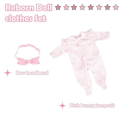 CARANOVO 2 Pcs Realistic Reborn Baby Doll Clothes for 16-18 Inch Dolls | Handmade Pink Bunny Jumpsuit + Headband, Soft Stretchy Safe, Clothing Set Accessories thumbnail 4