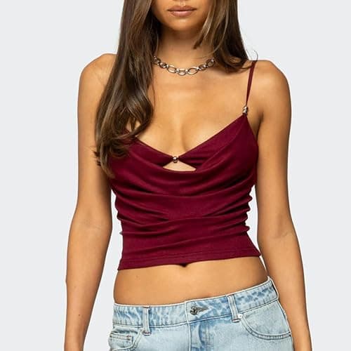 Women Y2K Spaghetti Strap Tank Top Sleeveless Draped V-Neck Neck Hollow Out Front Solid Color Slim Fit Crop Camisole thumbnail 2