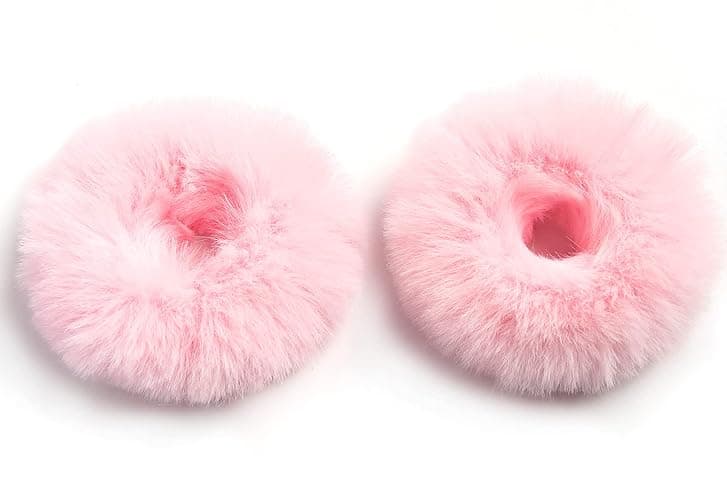 Furling Pompoms Furry Faux Rabbit Fur Hair Scrunchies Artificial Fur Hair Bobbles Elastic Hair Band Rope Wristband Ponytail Accessories Light Pink 2pcs - Image 1
