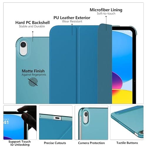 MoKo for iPad (A16) 11th Generation Case 11 Inch 2025,iPad 10th Generation Case 10.9 Inch 2022,Slim Stand Hard PC Translucent Back Shell Smart Cover,Support Touch ID,Auto Wake/Sleep, Peacock Teal Blue thumbnail 3