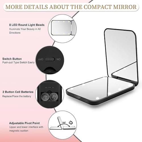 Compact Mirror with Light, 1X/3X Magnification LED Pocket Mirror for Women | Portable, Travel, Purse, Pocket, Gift, black, mini, small, essentials, led, fiberglass, batteries, rectangular thumbnail 4