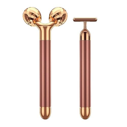 2-IN-1 Beauty Bar 24k Golden Pulse Facial Face Massager, Electric 3D Roller and T Shape Arm Eye Nose Head Massager Facial Roller Massager Kit Skin Care Tools - Image 1
