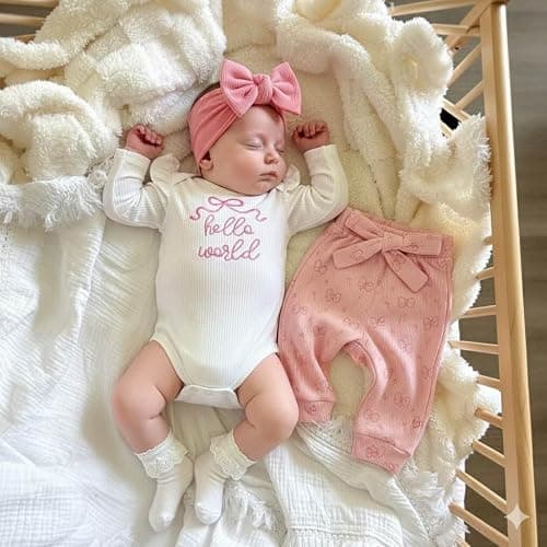 Twopumpkin Preemie Clothes Baby Girl Outfit Newborn Hello World Ribbed Romper Knitted Pants Headband Coming Home Outfits thumbnail 3
