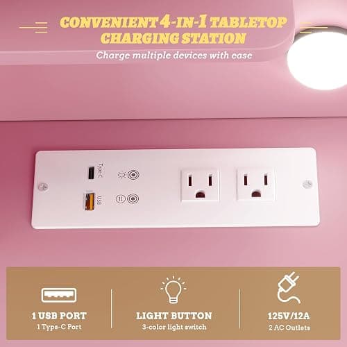 Vlsrka Vanity Desk with Large Mirror and Lights, 43.3" Makeup Vanity Desk with Charging Station and 6 Drawers, Makeup Dressing Table with Storage Stool for Bedroom (Pink) thumbnail 6
