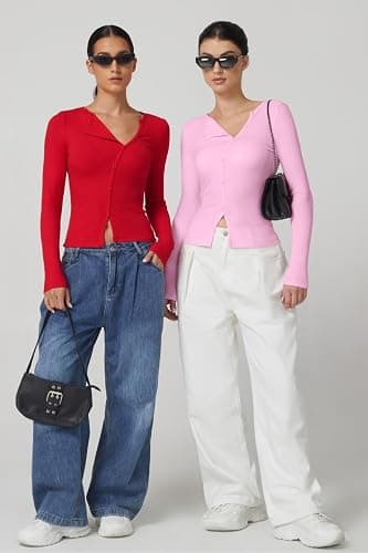 QINSEN Women's Long Sleeve Ribbed Crewneck Shirts Upper Button Fastening Going Out Tops thumbnail 7