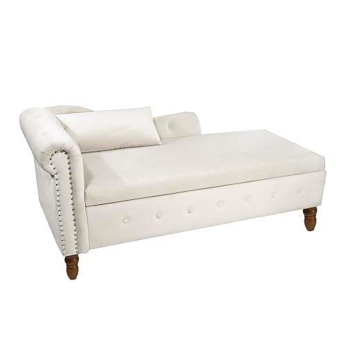58.26 in Corner Lounge Sofa with Storage Upholstered Velvet Fabric Chaise Lounge Chair Indoor with Pillow & Nailhead Trim, Modern Sleeper Sofa Bed for Bedroom, Living Room & Apartment (Beige) thumbnail 8