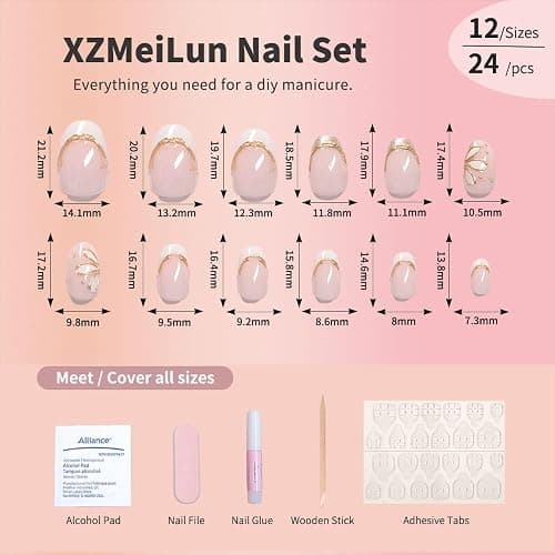 XZMeiLun 3D Gold Line French Tips Press On Nails Oval Short, White Flower French Tip Designer Reusable Acrylic Nails Press Ons, Fake Nails With Glue On Nail, Daily Wear Floral False Nails For Women thumbnail 4
