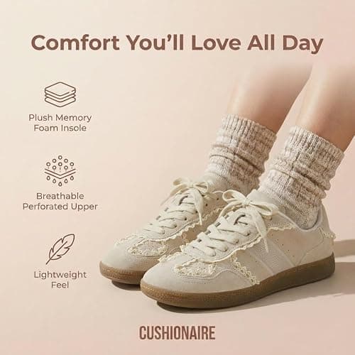 CUSHIONAIRE Belinda Women’s Lace Detail Casual Sneakers – Elegant Ribbon Lace-Up Shoes with Memory Foam thumbnail 4