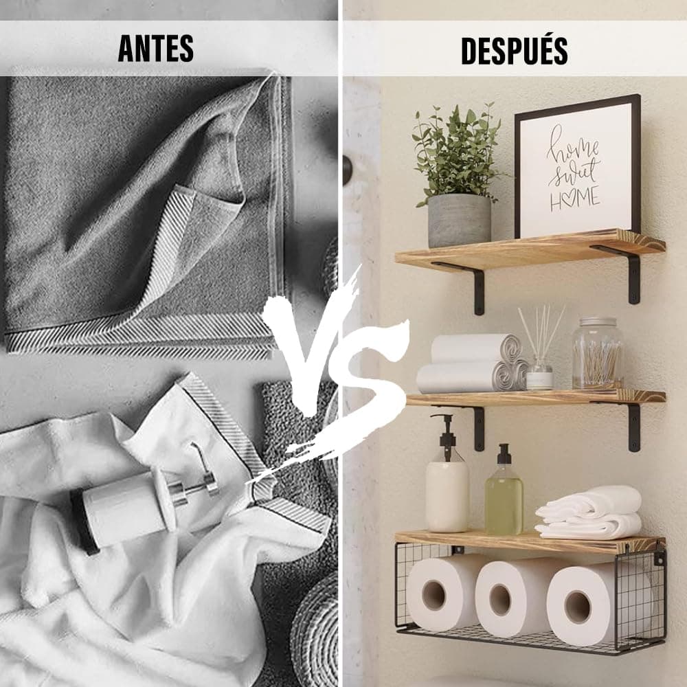 HAWOO Repisas Flotantes, 3PCS Repisas para Baño con Cesta de Alambre, Recamara, Cocina, Sala, Fáciles de Instalar, 40x15.2 CM (Madera) thumbnail 5