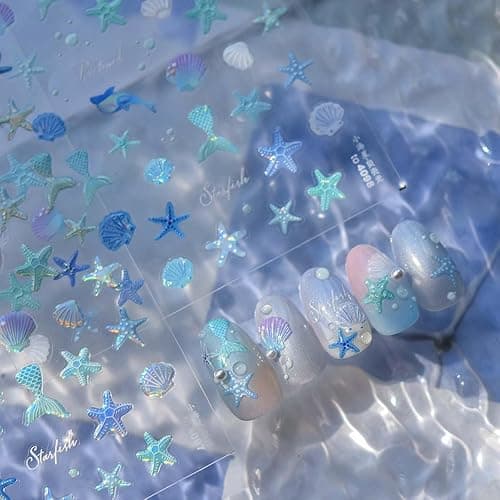 Beach Nail Stickers Seashell Starfish Mermaid Dolphin Nail Decals with Shell Light Design - Blue Summer Stickers for Nails Self Adhesive Nail Art Supplies & Decorations for Women Girls 1 Sheet thumbnail 3