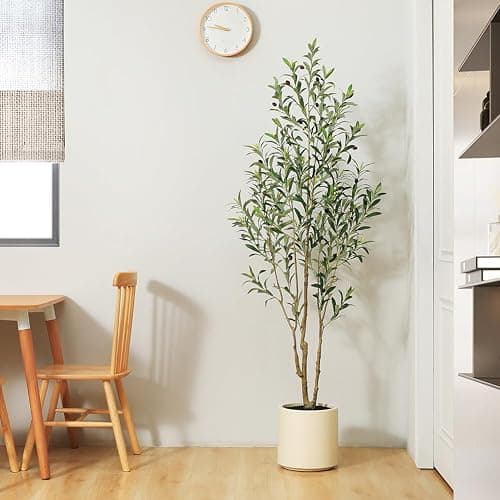 LOMANTO Artificial Olive Trees, 6 ft Tall Fake Olive Trees for Indoor, Faux Olive Silk Tree, Large Olive Plants with White Planter for Home Decor and Housewarming Gift, 1 Pack thumbnail 8