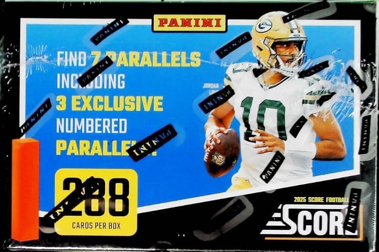 Panini 2025 Score NFL Football Factory Sealed Retail Box (24 Packs of 12 Cards) Chase possible autographs. Find 7 Parallels including 3 Exclusive Numbered Per Box, on average. Look for possible ultra-rare Inserts such as Step Ahead and Mystery Rookies Inserts. thumbnail 3