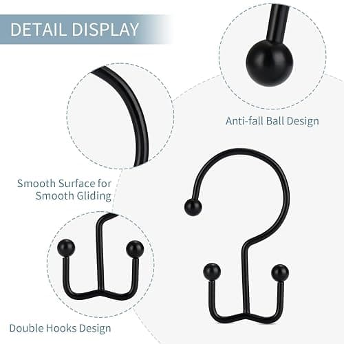 Goowin Shower Curtain Hooks, 12 Pcs Shower Curtain Rings, Durable Rust Proof Black Shower Curtain Hooks, Shower Rings for Curtain, Double Glide Shower Hooks for Shower Curtain Rods, Black thumbnail 5