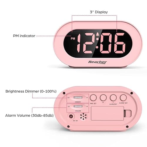 REACHER Pink Girls Alarm Clock for Kids Bedroom, Dimmable LED Digital Display, Outlet Powered, Adjustable Volume, Simple to Use, Snooze, Small Size for Bedside, Desk, Toddler thumbnail 4