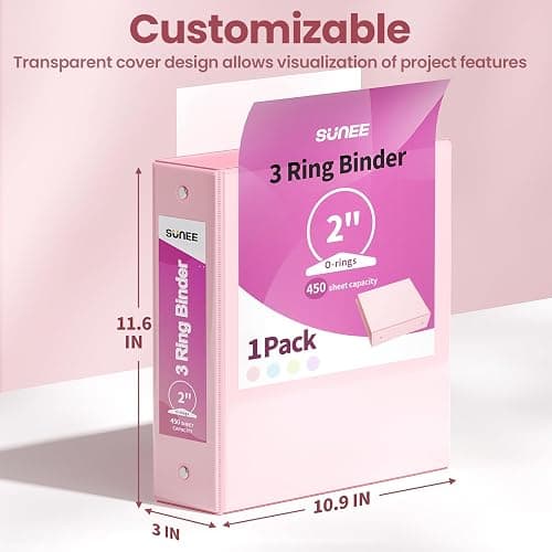 SUNEE 3 Ring Binder 2 Inch 1 Pack, Clear View Three Ring PVC-Free (Fit 8.5x11 Inches) for School or Office Supplies, Pink thumbnail 2