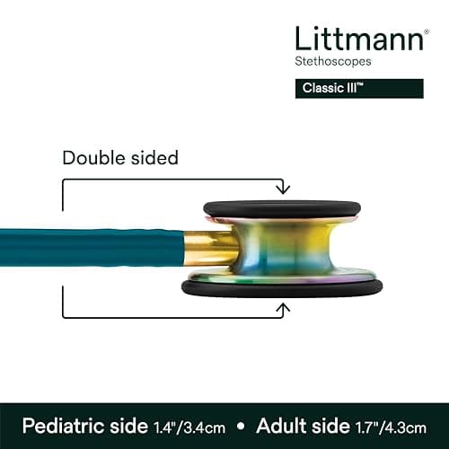 3M Littmann Classic III Monitoring Stethoscope, 5807, More Than 2X as Loud, Weighs Less, Stainless Steel Rainbow-Finish Chestpiece, 27" Caribbean Blue Tube, Brass Stem and Headset thumbnail 3