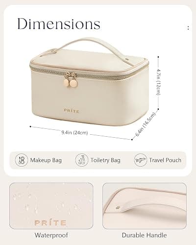 Prite Makeup Bag Portable Cosmetic Organizer with Brush Holder Waterproof Travel Toiletry Bag for Women with Handle and Divider (Beige) thumbnail 6