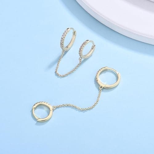 CERSLIMO Small Huggie Hoop Earrings for Women, 14K Gold Plated Sterling Silver Post Chain Hoops Hypoallergenic Dangle Drop Earrings thumbnail 5