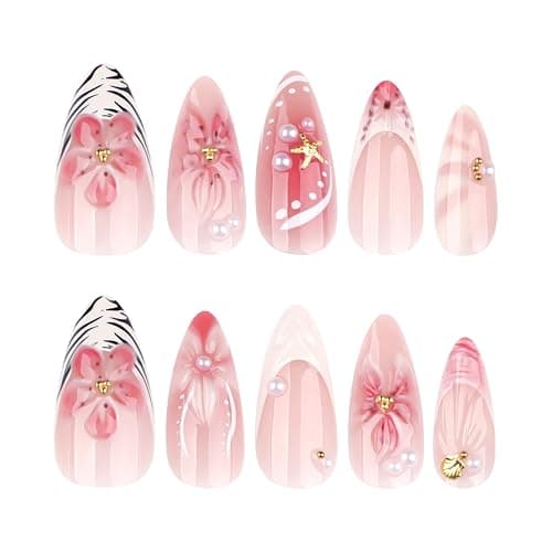 Octoswave Medium Press on Nails Almond Fake Nails French 3D Flowers Artificial Nail Pearl Stick on Nail for Women 24pcs thumbnail 2