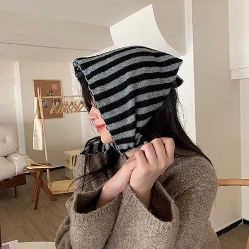 Knitted Striped Triangular Scarf Women Headscarf Wool Knitted Shawl and Wraps Neck Scarves for Women Multi-Functional Warm Ladies Versatile Scarves Headscarf Autumn Winter thumbnail 9
